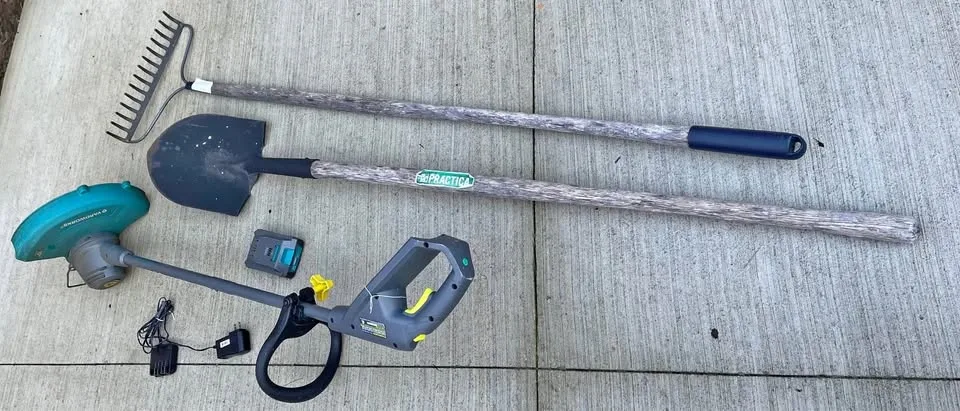 Yardworks Electric Trimmer, Shovel, and Rake Bundle