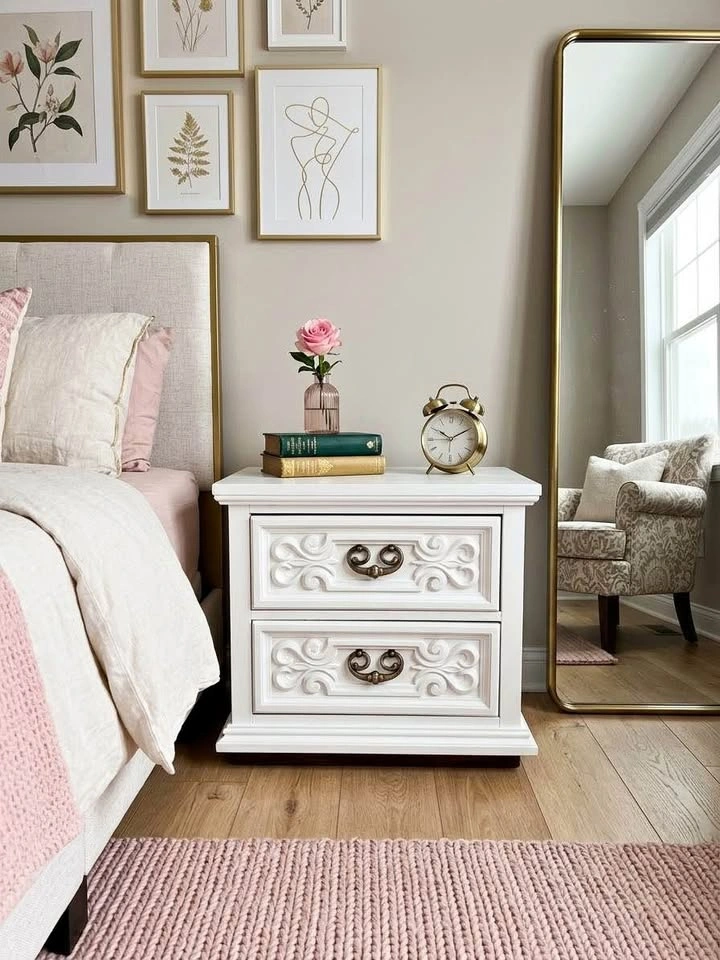 Refinished Vintage Cream Nightstand – Solid Wood Frame & Brass P
