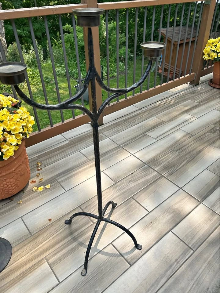 Beautiful Hammered Vintage Black Wrought Iron Floor Candelabra