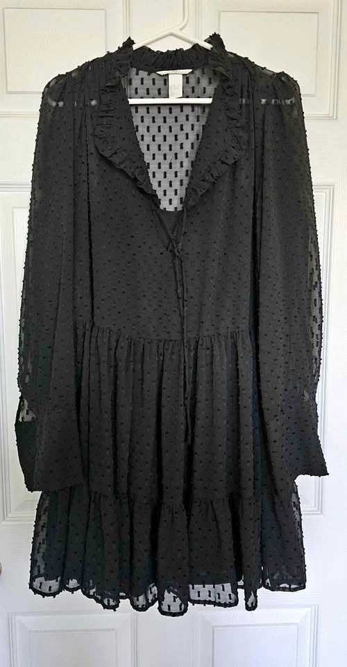 Brand New H&M Black Swiss Dot Tiered Ruffle Mini Dress - Size 6