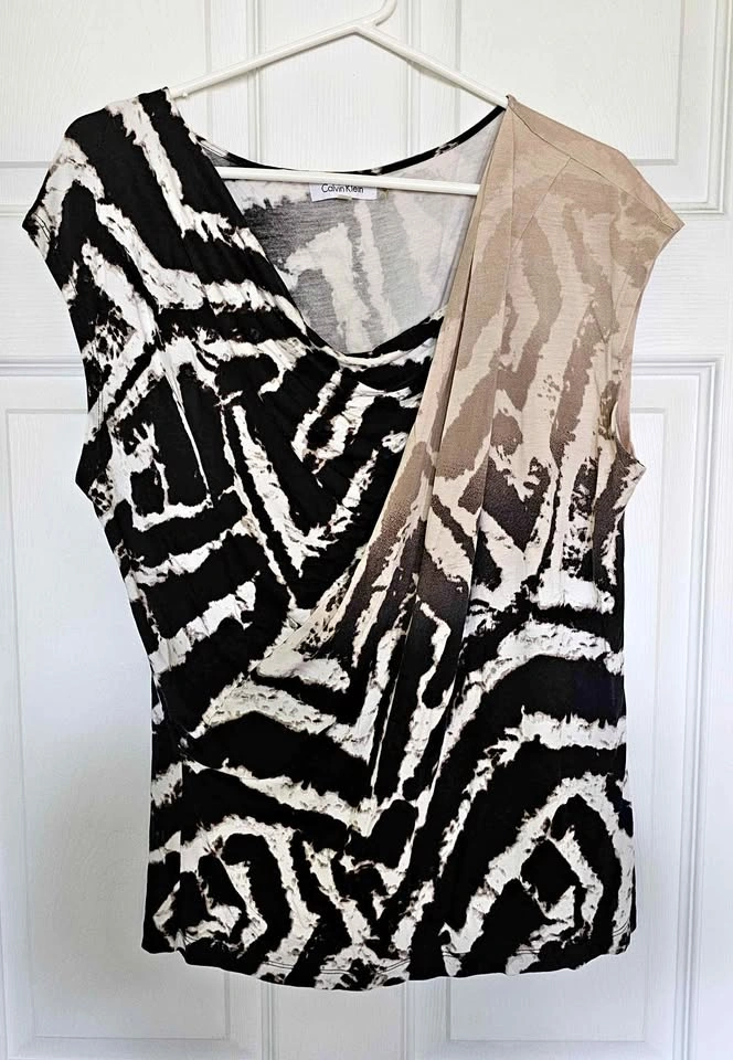 CALVIN KLEIN Abstract Print Asymmetric Cowl Neck Top - Size L