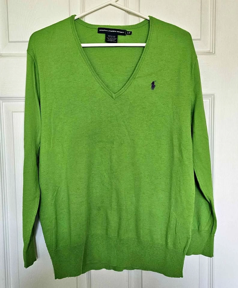 RALPH LAUREN SPORT Lime Green V-Neck Knit Sweater - Size L