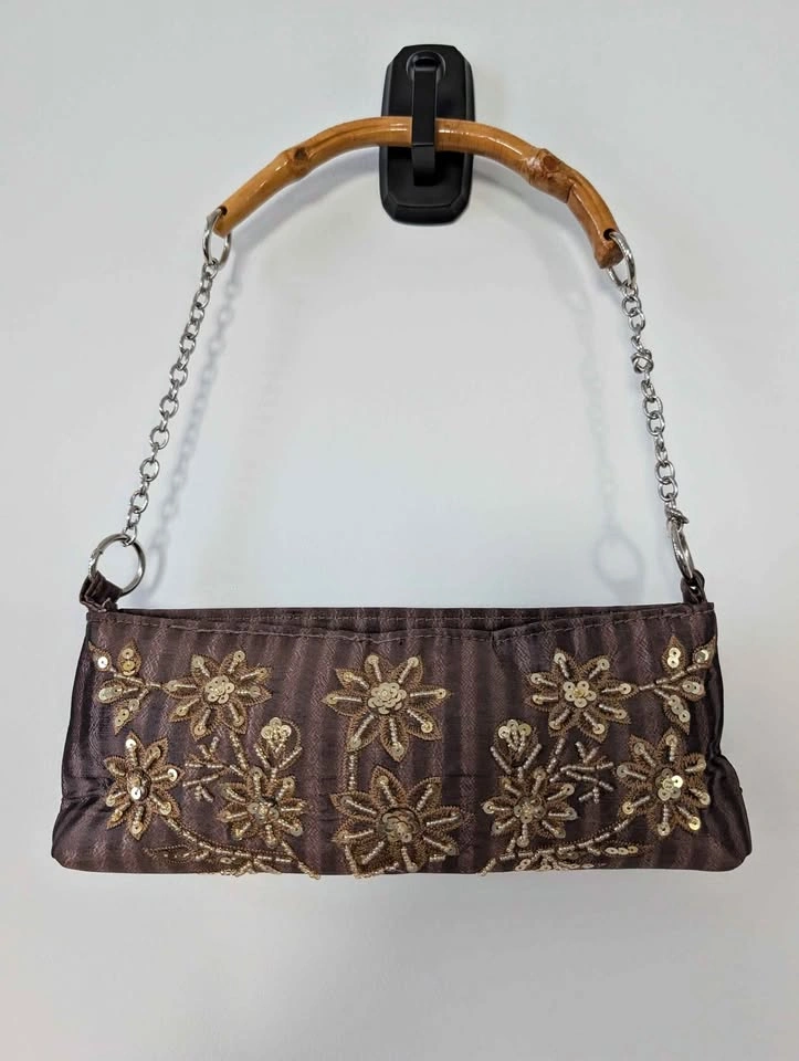 Embroidered Brown Fabric Handbag with Bamboo Handle