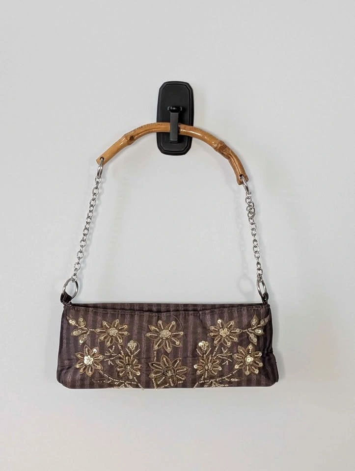 Embroidered Brown Fabric Handbag with Bamboo Handle - photo 2
