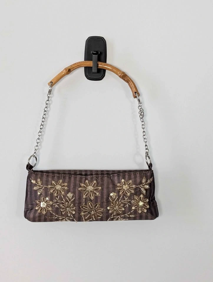 Embroidered Brown Fabric Handbag with Bamboo Handle - photo 3