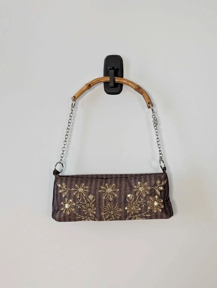 Embroidered Brown Fabric Handbag with Bamboo Handle - photo 4