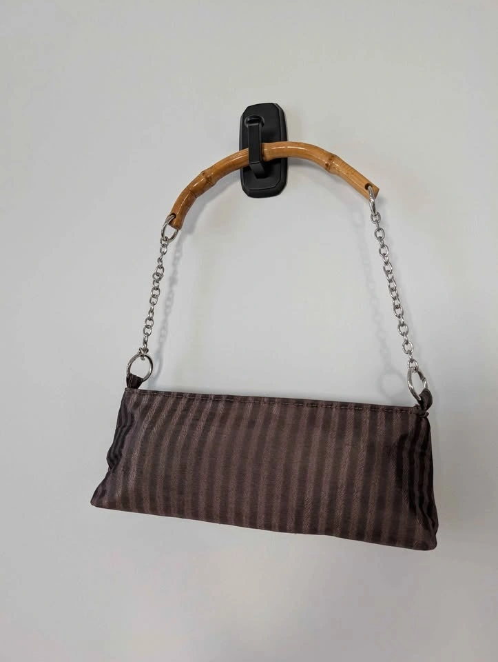 Embroidered Brown Fabric Handbag with Bamboo Handle - photo 5