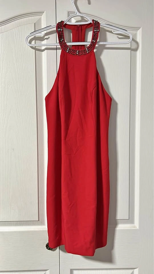 Red Beaded Halter Neck Dress