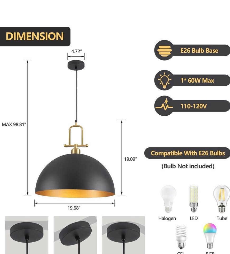 19.7" Black and Gold Dome Pendant Light - New - photo 4