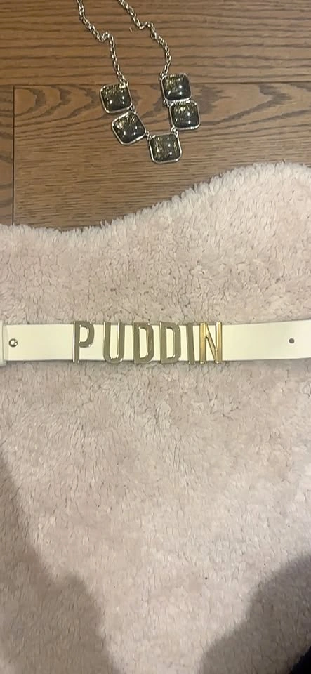 White Belt with Gold PUDDIN Letters Necklace