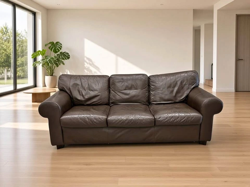 Comfortable Brown Leather 3-Seat Sofa