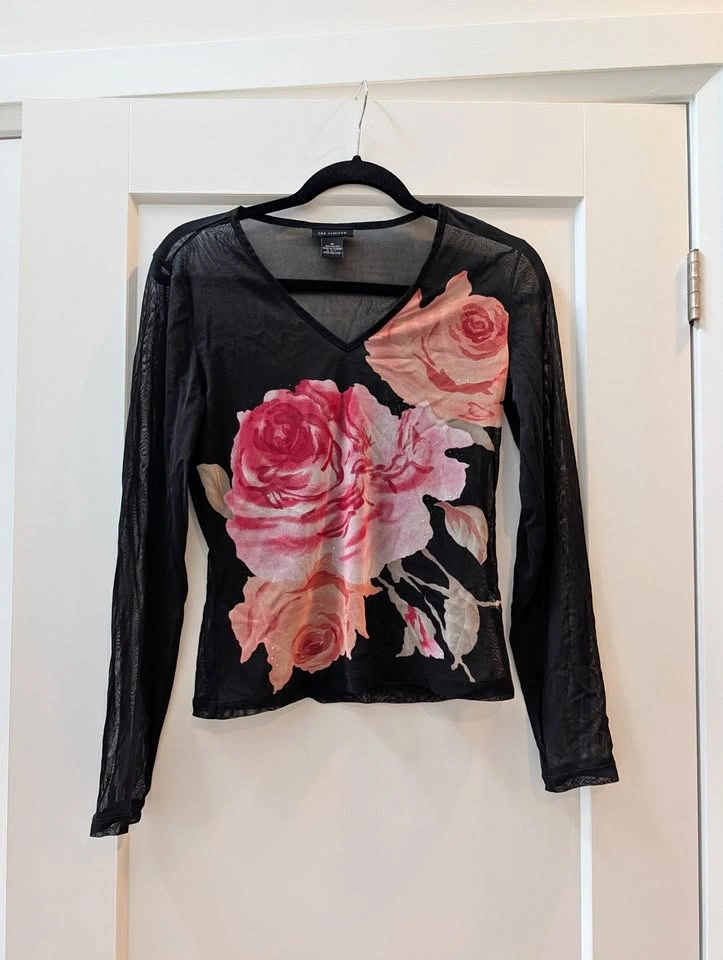 The Limited Vintage Y2K Black Sheer Mesh Rose Floral Top M