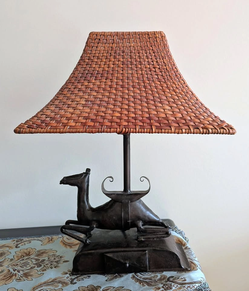 Vintage Orientalist Camel Table Lamp with Woven Leather Pagoda S