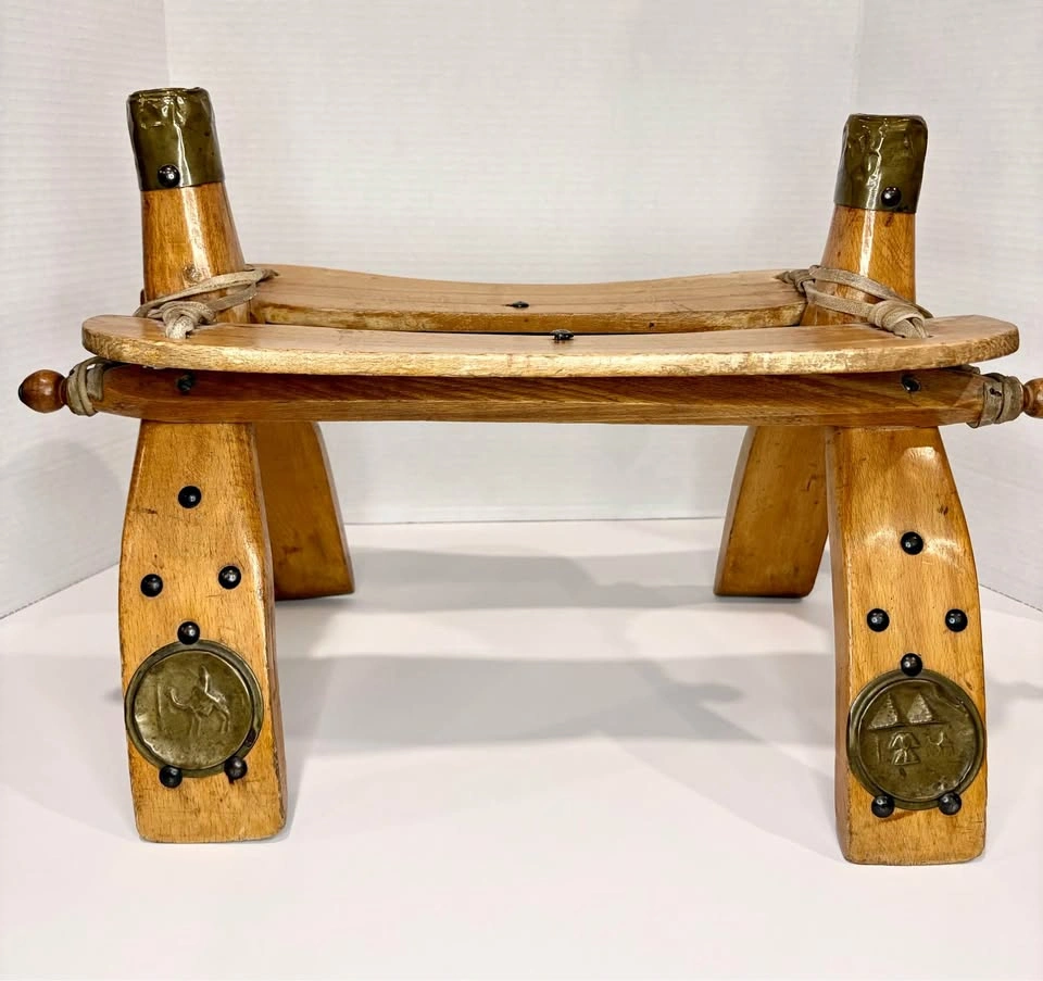 Vintage Wood and Brass Camel Saddle Stool