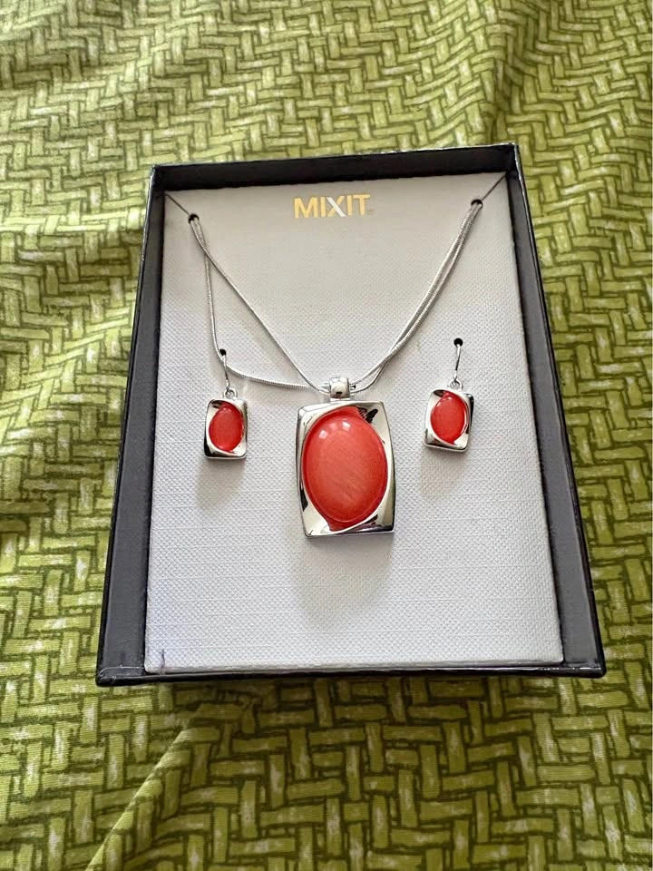 MIXIT Red Coral Necklace & Earrings Jewelry Set