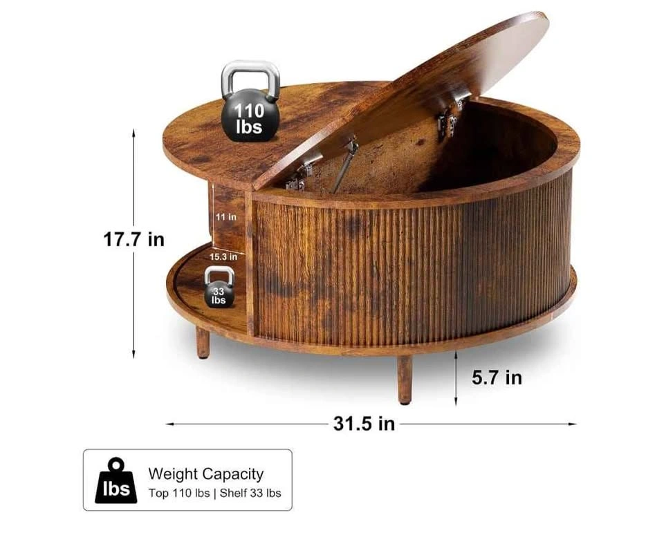 Rustic Round Lift Top Coffee Table with Sliding Door - photo 2