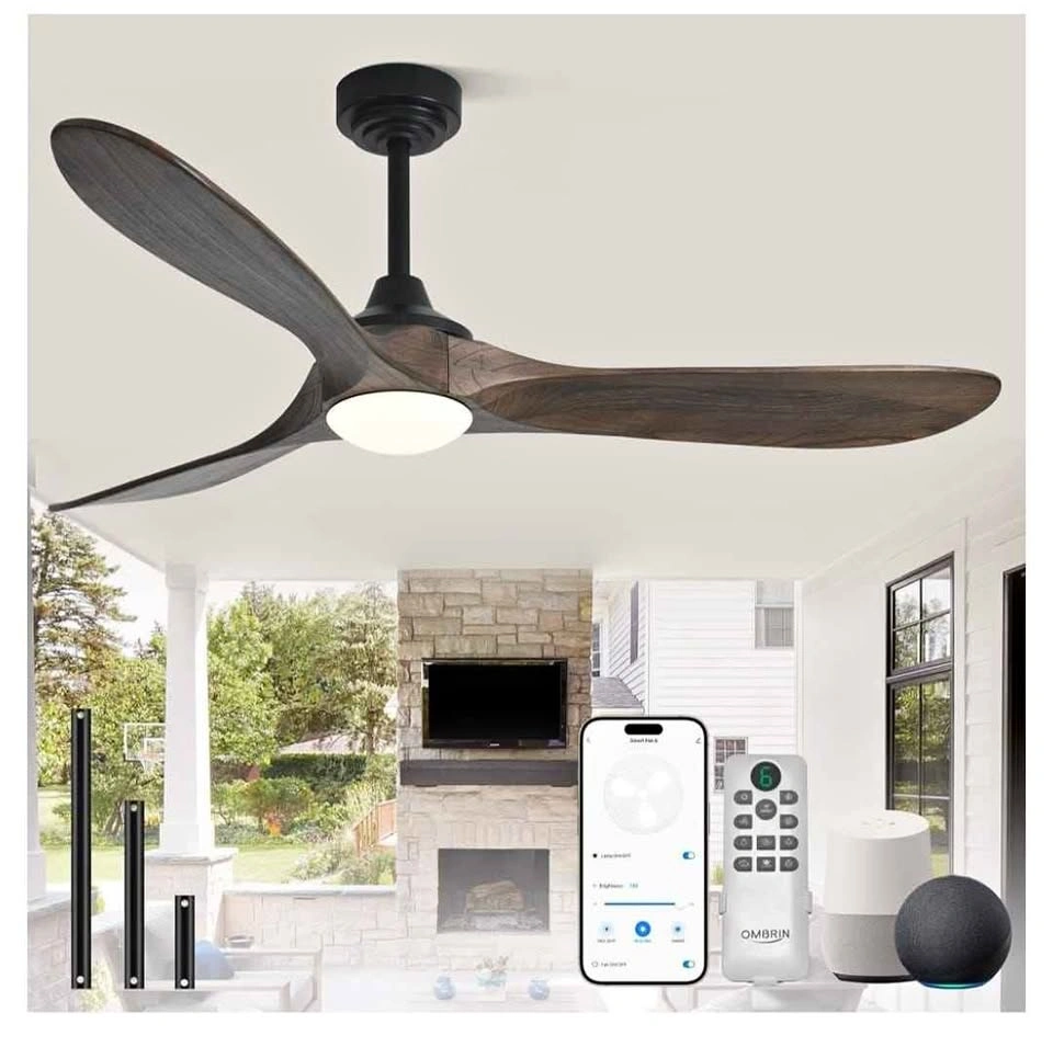 Ombrin 60-Inch 3-Blade Solid Wood Smart Ceiling Fan with Light