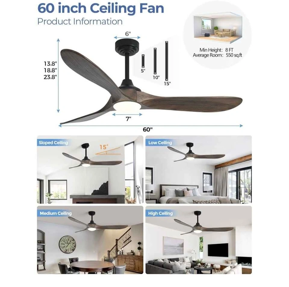 Ombrin 60-Inch 3-Blade Solid Wood Smart Ceiling Fan with Light - photo 5