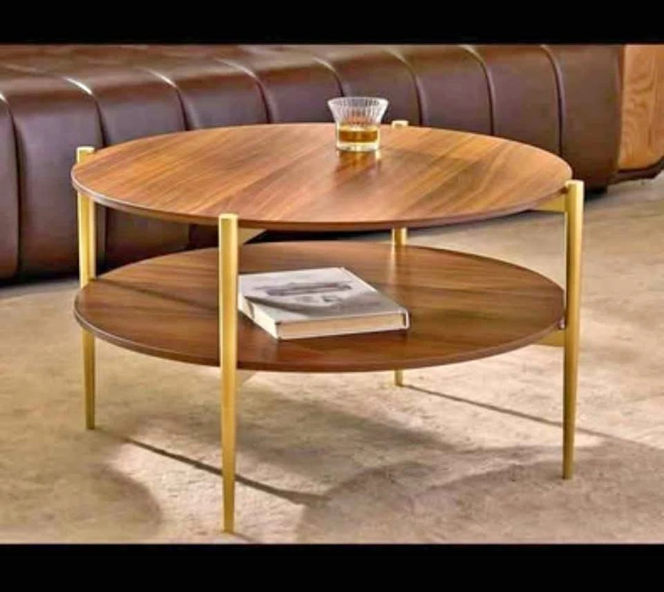 Round 2-Tier Wood and Gold Coffee Table