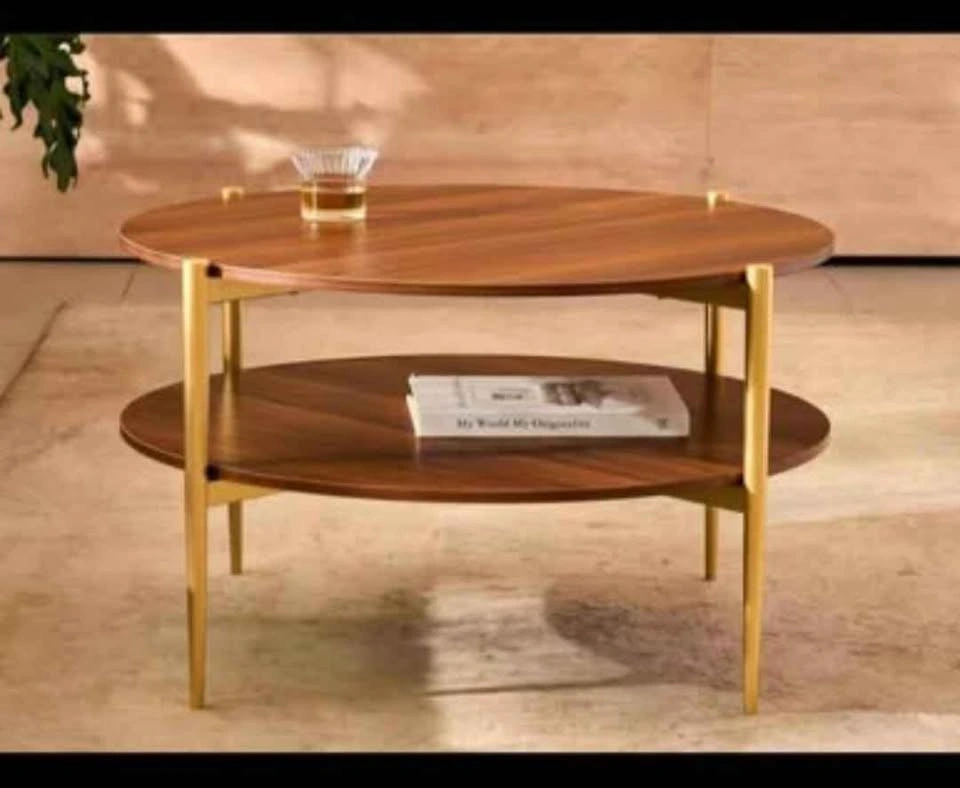 Round 2-Tier Wood and Gold Coffee Table - photo 2