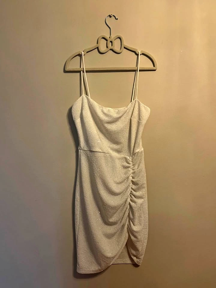 Lovely Day White Sparkly Ruched Mini Dress