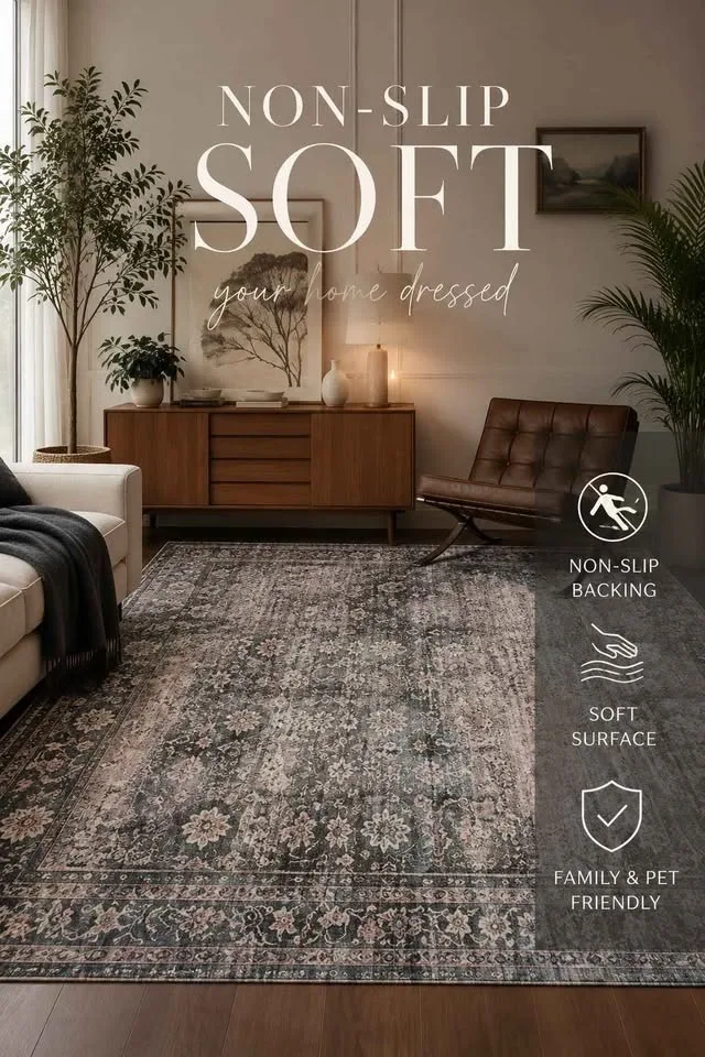 FLORAL SOFT SEALED WASHABLE RUG NEW Vintage distressed 5x7 ft - photo 3