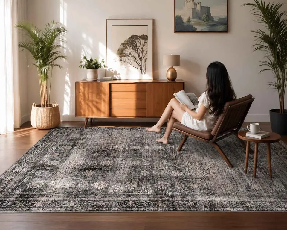 FLORAL SOFT SEALED WASHABLE RUG NEW Vintage distressed 5x7 ft - photo 4