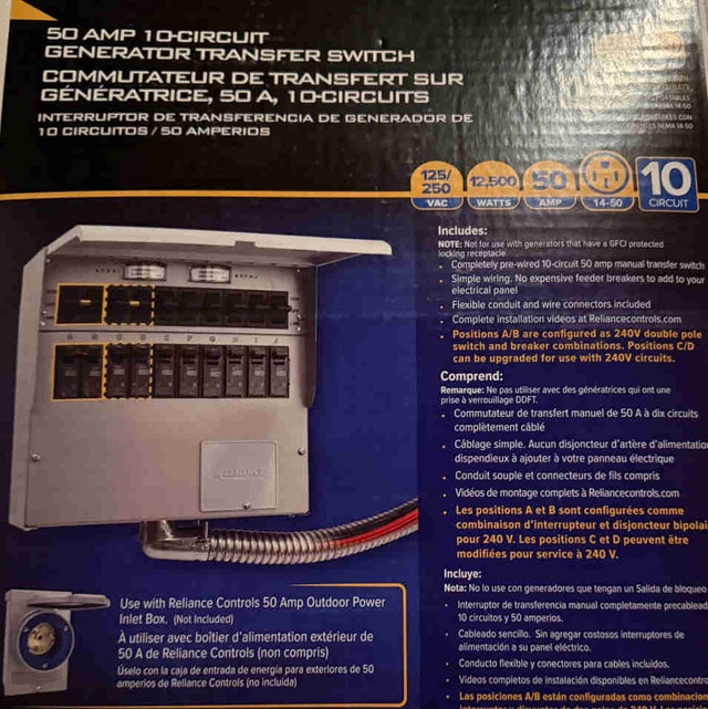 Reliance Controls 50 Amp 10-Circuit Generator Transfer Switch
