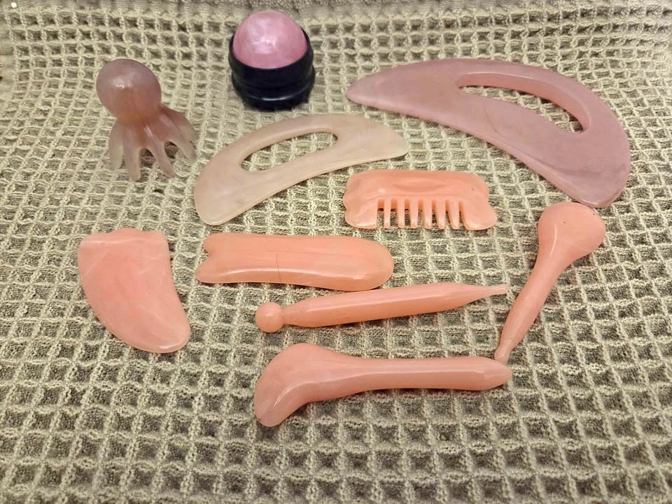 Resin/acrylic faux rose quartz Gua Sha and Massage Tool Set
