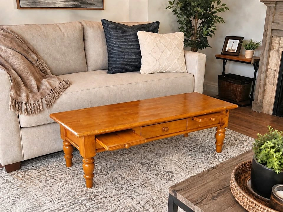 Solid Wood Coffee Table with Drawer & Slide-Out Boards