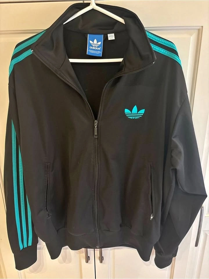 Adidas Women’s Black Track Jacket with Teal Stripes large