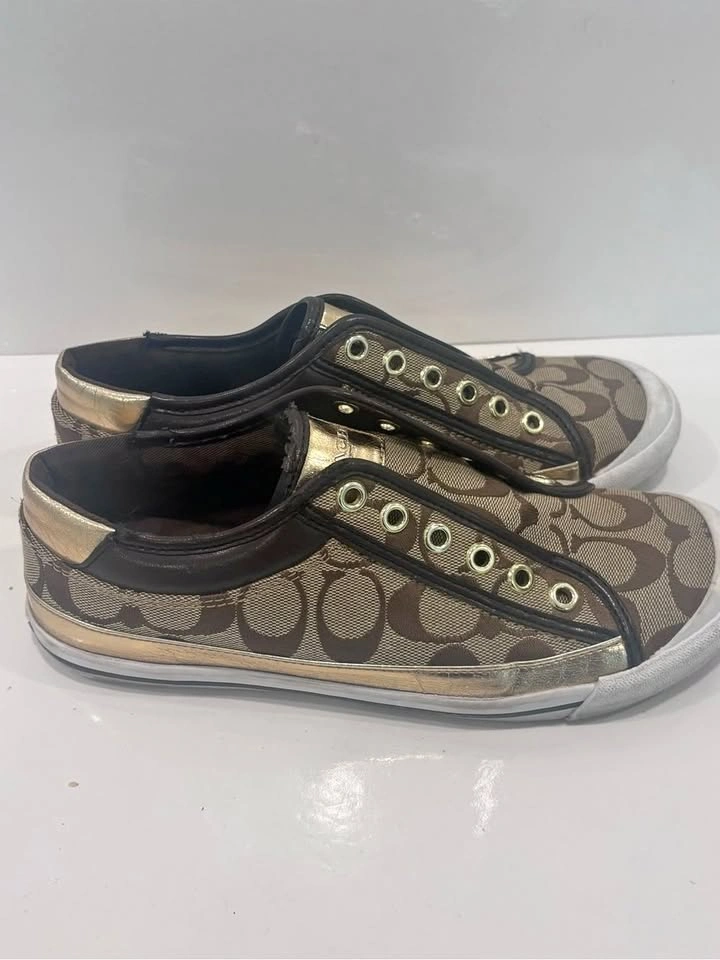 Coach Brown Signature Canvas Low-Top Sneakers with Metallic Gold