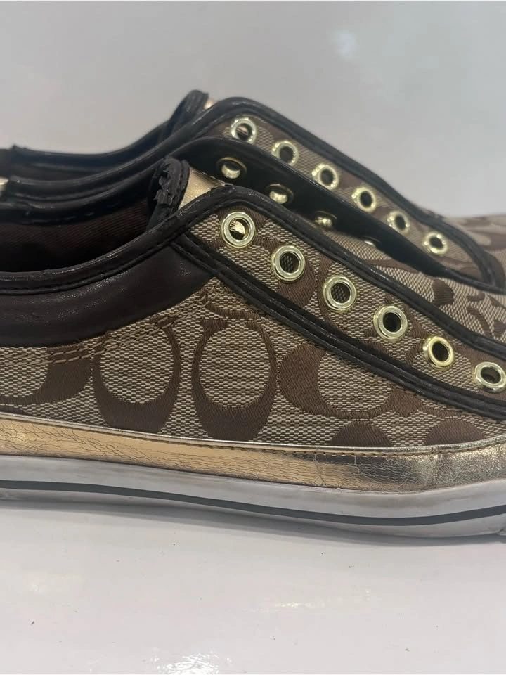 Coach Brown Signature Canvas Low-Top Sneakers with Metallic Gold - photo 4