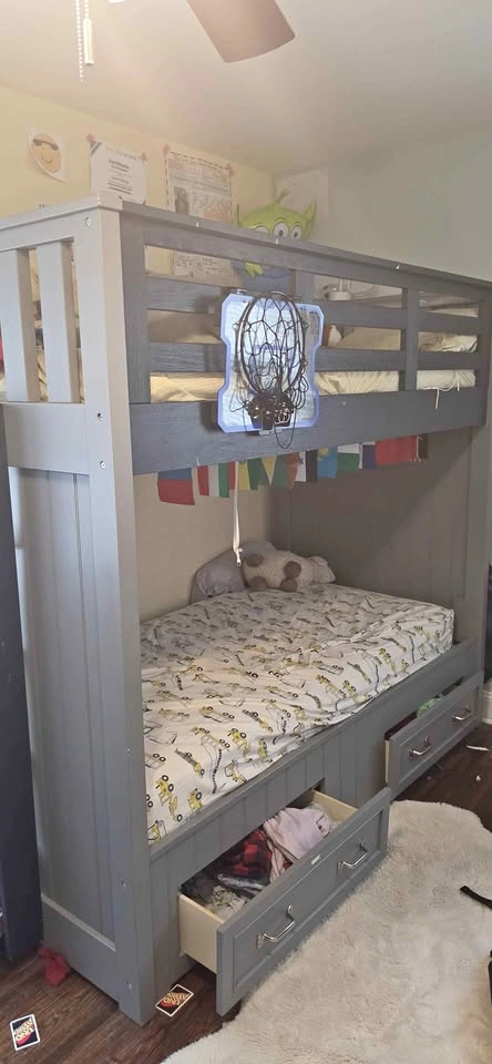 Strong Grey Wooden Bunk Bed with Storage Drawers