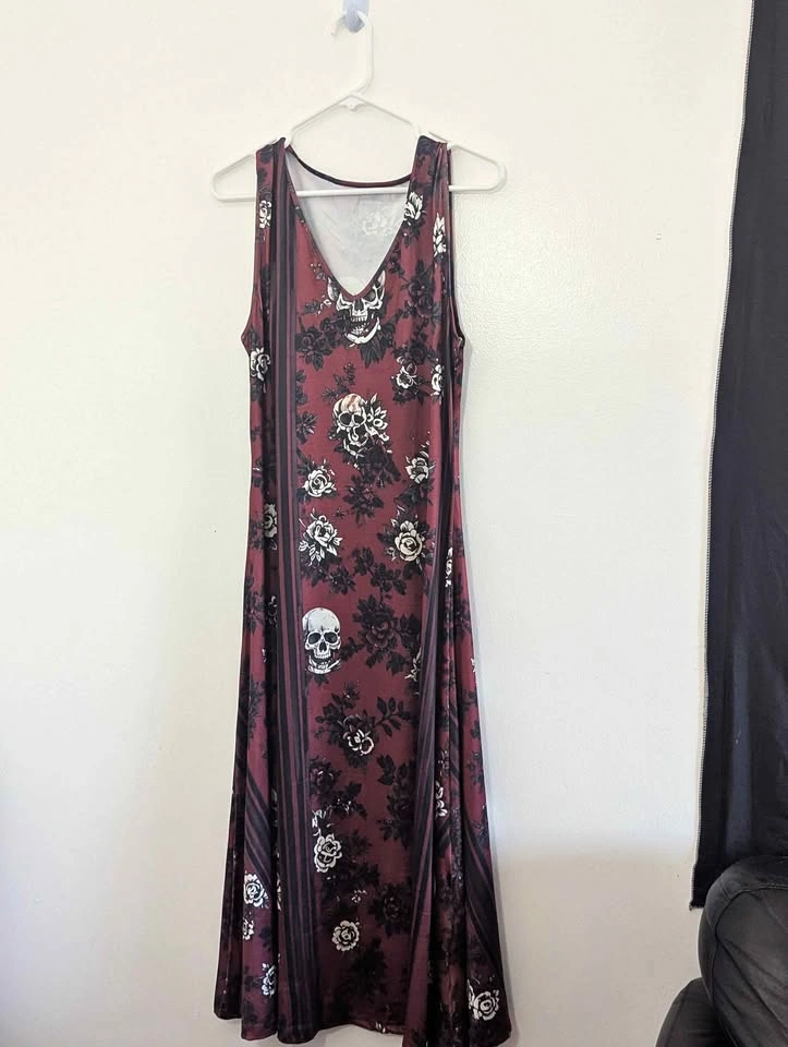 Burgundy Skull and Rose Maxi Dress