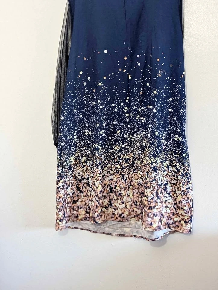 Navy Blue Ombre Sparkle Print Dress with Sheer Sleeves