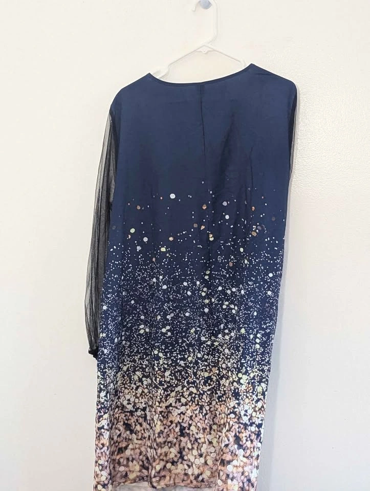 Navy Blue Ombre Sparkle Print Dress with Sheer Sleeves - photo 2