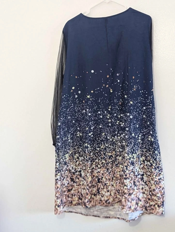 Navy Blue Ombre Sparkle Print Dress with Sheer Sleeves - photo 3