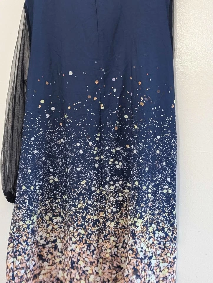 Navy Blue Ombre Sparkle Print Dress with Sheer Sleeves - photo 4