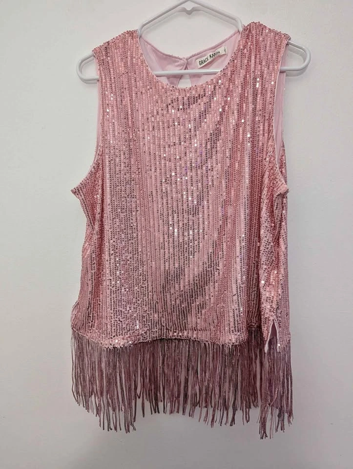 Grace Karin Pink Sequin Fringe Sleeveless Top Size 2XL