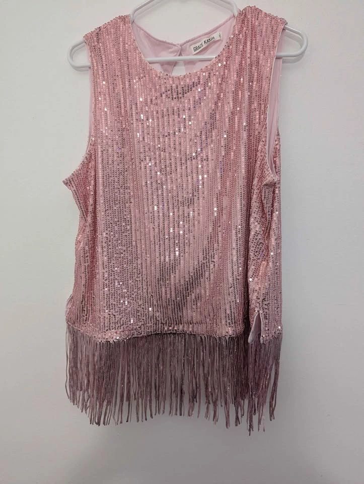 Grace Karin Pink Sequin Fringe Sleeveless Top Size 2XL - photo 5