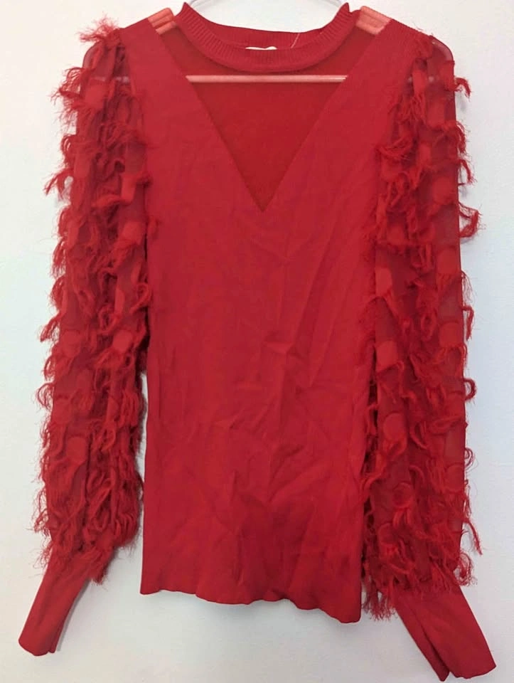 Vine & Love Red Fringe Sleeve Top Size L