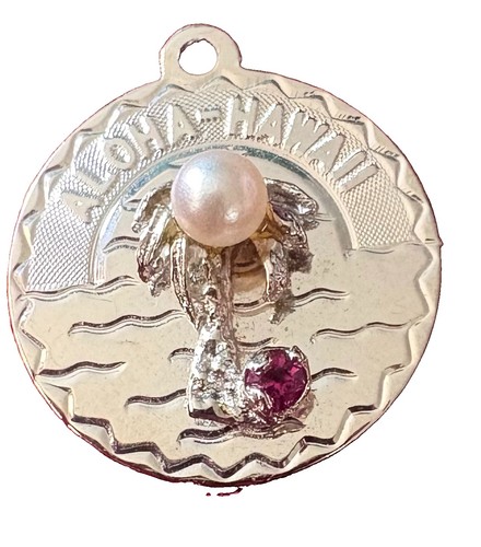 Vintage Hawaii Sterling Silver Souvenir Charm Pearl Red Stone