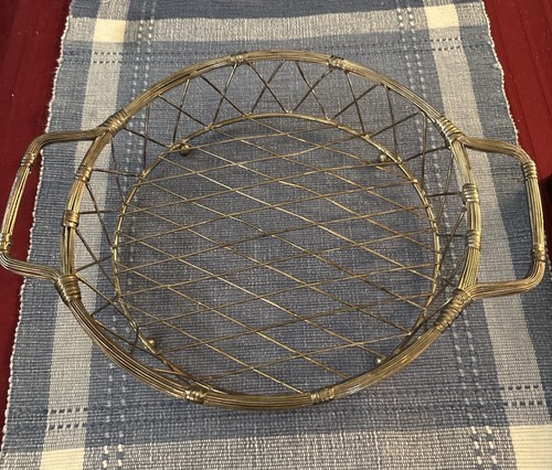Vintage Brass Tone Wire Basket Tray Faux Bamboo Handles