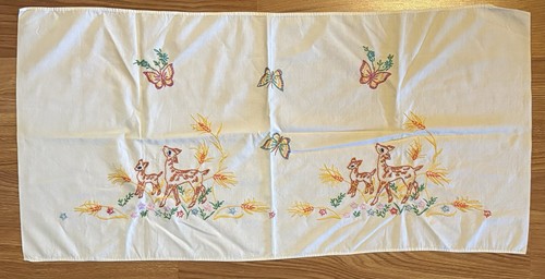 Vintage Hand Embroidered Deer & Butterfly Table Linen