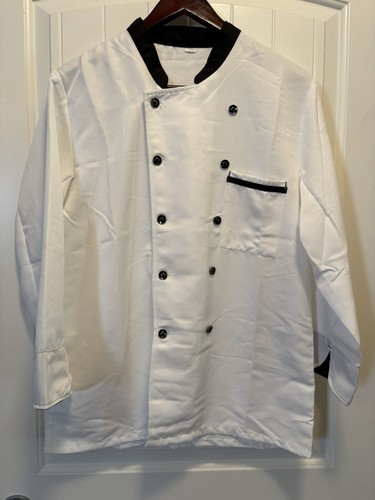 White Chef Coat Jacket Size L Black Trim Double Breasted
