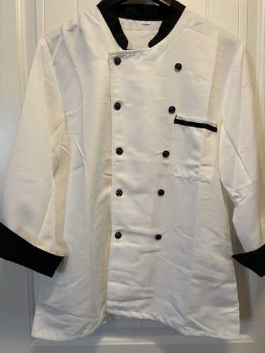 White Chef Coat Jacket Size L Black Trim Double Breasted - photo 3