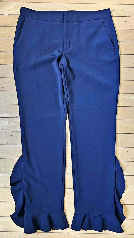 Brand New ZARA Navy Blue Ruffle Hem Stretch Dress Pants - Size S