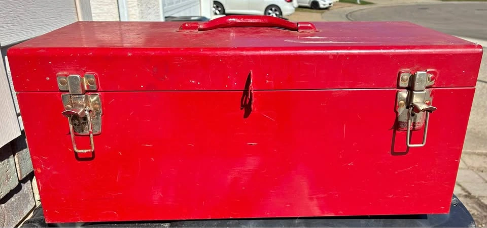Vintage Red Metal Toolbox with Removable Interior Tray