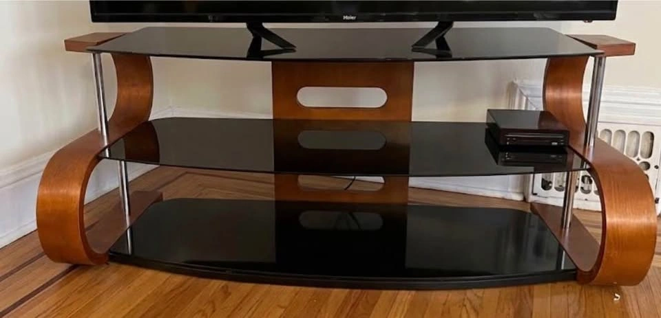 55” modern curvy tv stand - like new - bentwood tempered glass - photo 2